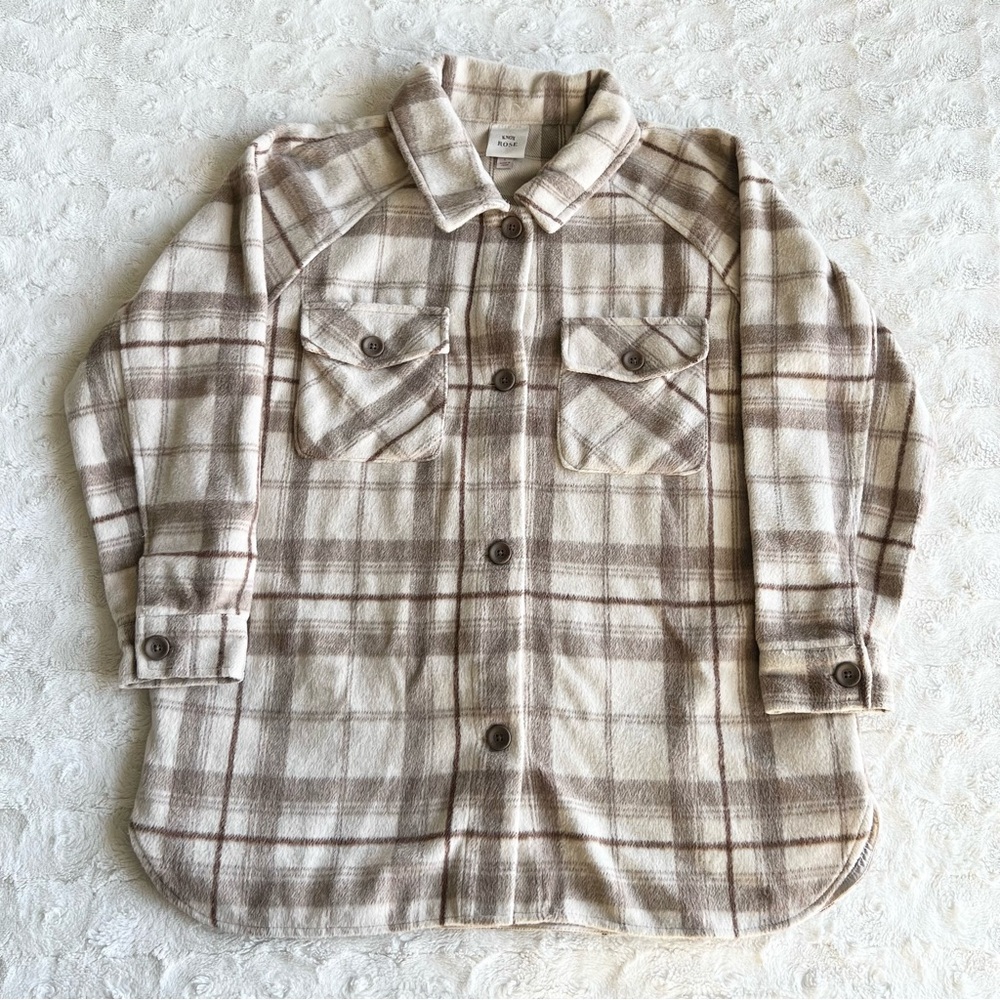 Knox Rose Jacket Womens Large Beige Brown Shirt Shacket Plaid Button Up Pockets